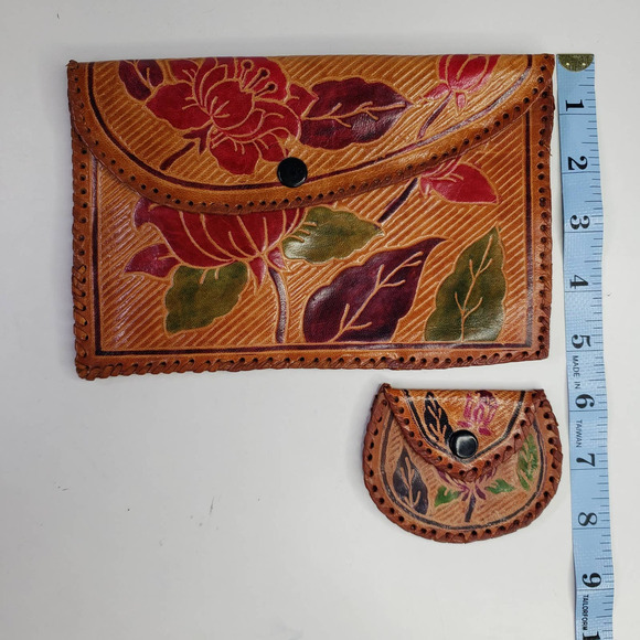 Leather Embossed Tooled Clutch Coin Purse 2pc Set Brown Tan Handmade Boho - Picture 9 of 9